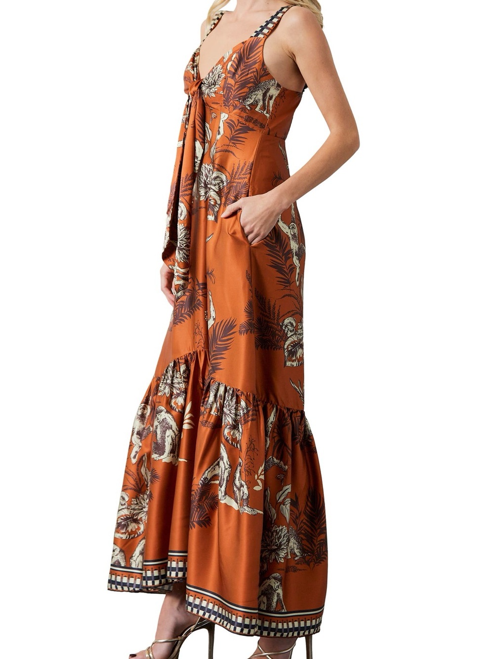 Tropical Tie-Front Maxi Dress in Rust